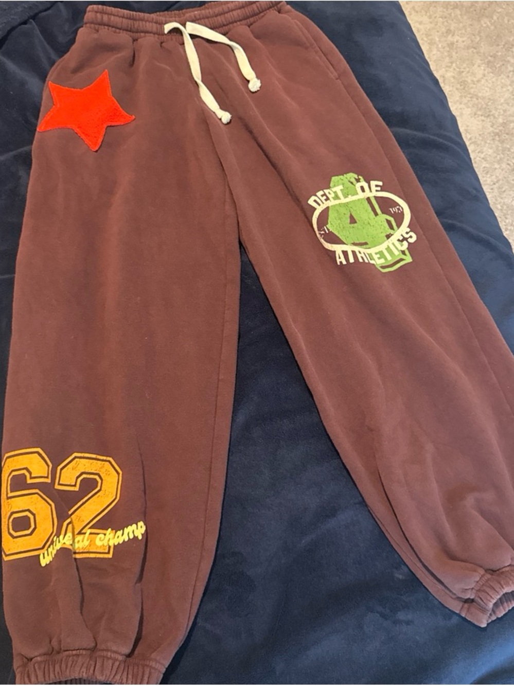 Urban Outfitters Brown Sweatpants with Orange Star and Yellow '62' Patch